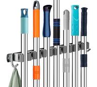 Revivoer Broom Mop Holder, Stainless Steel Wall Mounted Mop Holder, Black Heavy Duty Self-Adhesive Utility Room Garden Tool Storage with 7 Holders and 2 Hooks for Home Kitchen Bathroom Garage