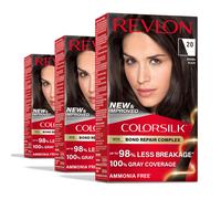 Revlon ColorSilk with Bond Repair Complex Permanent Hair Color 100 Gray Coverage Ammonia Free Hair Dye Vegan Keratin 20 Brown Black Pack of 3