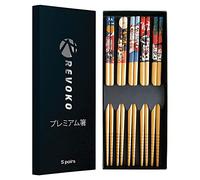 REVOKO Bamboo Chopsticks - Premium 5-Pack Japanese Reusable Chopsticks with Fortune Cat Print - Natural Food-Grade Chop Sticks for Sushi, Asian Dishes (Fortune Cat Print)