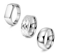 REVOLIA 3Pcs Stainless Steel Rings for Men 8MM Hammered Wedding Ring Set Square Signet Rings Pinky Silver Ring Simple Mens Band Rings Gold/Black/Silver Size 7-13, stainless steel, no gemstone