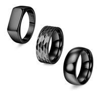 REVOLIA 3Pcs Stainless Steel Rings for Men 8MM Hammered Wedding Ring Set Square Signet Rings Pinky Silver Ring Simple Mens Band Rings Gold/Black/Silver Size 7-13, stainless steel, no gemstone