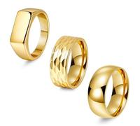 REVOLIA 3Pcs Stainless Steel Rings for Men 8MM Hammered Wedding Ring Set Square Signet Rings Pinky Silver Ring Simple Mens Band Rings Gold/Black/Silver Size 7-13, stainless steel, no gemstone