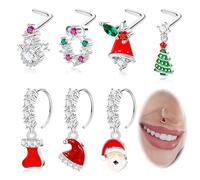 REVOLIA 7Pcs 20G 316L Stainless Steel Christmas Dangle Nose Ring Stud for Women Men L Shaped Snowman Nose Studs Christmas Tree Santa Claus Dangling Nose Piercing Jewelry, Metal, no gemstone