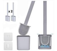 Revolutionary 2 pack Grey Full Clean Silicone Toilet Brush & Quick Dry Anti-drip Holder, Flexible No scratch Bathroom Brush