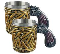 Revolver Coffee Mugs with Bullet - 2Pcs Cool Guns Mugs for Men, 450ml Novelty Pistola Shaped Stainless Steel Beer Mug, Fathers Day Dad G'ift, Creative Pistola Handle Cups, for Cappuccino Latte Hot Tea