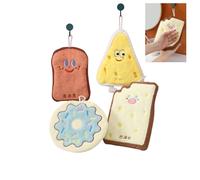 RevpoltIQ 4 Pcs Cute Hanging Hand Towels, Food Shape Cheese Toast Doughnuts Cracker with Cartoon Faces, Soft Absorbent Coral Fleece Quick Dry Towels for Kitchen, Bathroom, Home Decor