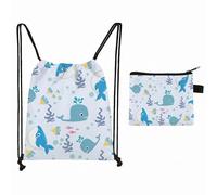 RevpoltIQ Marine Drawstring Swimming Bag Set for Kids, 2 Pcs Drawstring Combination Backpack for Boys 13.5x11cm Small Pouch Polyester Storage Bags for Beach, Pool, Sports, Travel and Girls
