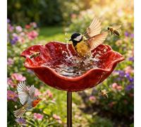 Revuterc Handmade Metal Flower Garden Stakes with Bird Bath & Bee Water Bowl, Decorative Outdoor Yard Art, Mini Bird Bath Pollinator Watering Station, Weather-Resistant Garden Decor Gift (1PCS)