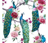 ReWallpaper 44.5cm x 7m Vintage Peacock Peel and Stick Wallpaper Boho Blue/Green Peonies Removable Lining Paper for Walls Vintage Floral Wallpaper for Walls Bathroom Bedroom Girls