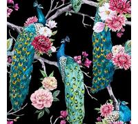 ReWallpaper 44.5cmX12m Peacock Wallpaper Pink Black Wallpaper with Flowers Sticky Back Plastic Patterned Blue Paste The Wall Floral Pink for Living Room Kitchen Wallpapers Peel and Stick