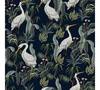 ReWallpaper Dark Green Wallpaper for Living Room Vintage 44.5CMx3M Self Adhesive Wallpaper Tropical Leaf Navy White Crane Bird Wall Paper Roll Vinyl Bathroom Wallpaper Waterproof for Walls Bedroom