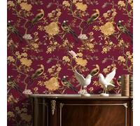 ReWallpaper Red and Gold Floral Wallpaper Self Adhesive 44.5CMx7M Vintage Bird Wallpaper for Living Room Red Decorative Sticky Back Plastic Patterned Waterproof Wallpapers Bathroom
