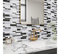 ReWallpaper Self Adhesive Wall Tiles Grey Marble Stick on Tiles Kitchen White and Black Waterproof Bathroom Sink Splashback 3 Sheets Pack 30.5x30.5CM Subway Tile Stickers for Fireplace Surround