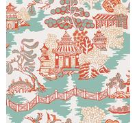 ReWallpaper Vinyl Wrap Kids Pattern Lake Turquoise Red Chinese Style Wallpaper Landscape Architecture 44.5CMx3M Self Adhesive Contact Paper for Cabinets Wardrobe Wallpaper for Living Room