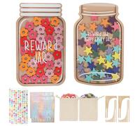 Reward Jar Set for Kids, Reward Jars for Motivate Good Behavior, Behaviour Charts Reward Chart Joy Jar, Includes Wooden Tokens Letter Number Stickers Drawstring Bag (Star + Flower)