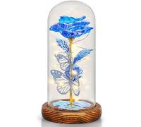 REWIAR Eternal Rose Under Bell Gift for Women - Eternal Pink with LED Light - Valentine's Day Pink Galaxy Light for Her, Mother's Day, Christmas and Birthday (Blue/Wood)