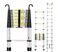 Rewing Telescopic Ladder Extendable Ladder 3.5M/11.48FT Stainless Steel Thickened High-Ladders extendable with Stabilizer Bar and Detachable Hooks, Multi Purpose Extendable for Roof Caravans Attic