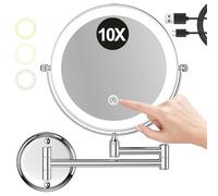 REWIS 8" Brass Chrome Wall Mounted Makeup Mirror with Touch Screen Dimming & 3 Color Lights, Rechargeable 2-Sided 1X/10X Magnifying LED Cosmetic Mirror, Bathroom HD Lighted Shaving Mirror,C