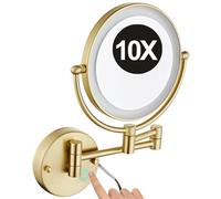 REWIS 8" Brushed Gold Double Sided 1X/10X Magnifying LED Lighted Makeup Vanity Mirror with Stepless Dimming, Hardwired Adjustable Wall Mounted Cosmetic Mirror, Bathroom HD Shaving Mirror,Base Touch