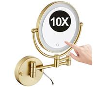 REWIS 8 Inch 2 Sided Wall Mounted LED Lighted Makeup Vanity Mirror with Screen Touch Dimmable, Bathroom Hard Wired HD Magnifying Shaving Mirror,Brushed gold,10X