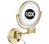 REWIS 8 Inch Double Sided 1X/10X Magnifying Wall Mounted Makeup Vanity Mirror with LED Lighted, 360° Swivel Extendable Cosmetic Mirror, Shaving Mirror for Bathroom,Brushed gold,HardWired