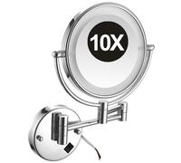 REWIS 8 Inch Double Sided 1X/10X Magnifying Wall Mounted Makeup Vanity Mirror with LED Lighted, 360° Swivel Extendable Cosmetic Mirror, Shaving Mirror for Bathroom,Silver,HardWired
