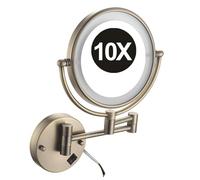 REWIS 8 Inch Double Sided 1X/10X Magnifying Wall Mounted Makeup Vanity Mirror with LED Lighted, 360° Swivel Extendable Cosmetic Mirror, Shaving Mirror for Bathroom,Bronze,HardWired