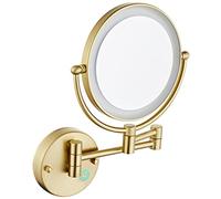REWIS 8 Inch Dual Sided Wall Mounted Makeup Vanity Mirror with Base Touch Dimmable LED Lighted, Brass 10X Magnifying Swivel Cosmetic Mirror, Shaving Mirror for Bathroom Hotel,Brushed gold,Hard Wired