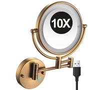 REWIS 8 Inch Dual Sided Wall Mounted Makeup Vanity Mirror with Base Touch Dimmable LED Lighted, Brass 10X Magnifying Swivel Cosmetic Mirror, Shaving Mirror for Bathroom Hotel,Brass,USB
