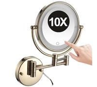 REWIS 8 Inch Hard-Wired Wall Mounted LED Lighted Makeup Vanity Mirror with Touch Screen Dimmable, Dual Sided Rotatable 10X Magnifying Cosmetic Beauty Mirror, Bathroom HD Shaving Mirror,Gold,1Color