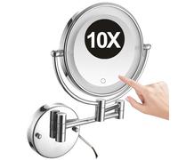 REWIS 8 Inch Hard-Wired Wall Mounted LED Lighted Makeup Vanity Mirror with Touch Screen Dimmable, Dual Sided Rotatable 10X Magnifying Cosmetic Beauty Mirror, Bathroom HD Shaving Mirror,Silver,1Color