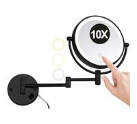 REWIS 8'' Wall Mounted 2 Sided 1X/10X Magnifying LED Makeup Mirror with Touch 3 Color Lights Dimming, Hotel Foldable HD Shaving Mirror,Black,Hard wired