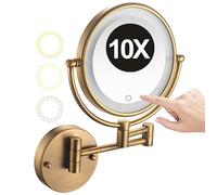 REWIS 8" Wall Mounted Lighted Makeup Vanity Mirror with Touch Screen Stepless Dimming & 3 Color Lights, 2-Sided 1X/10X Magnifying LED Cosmetic Mirror, HD Shaving Mirror for Bathroom,Brass,Plug In
