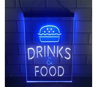REWIS Drinks & Food LED Neon Signs, USB Powerd 3-Level Dimming Neon Lights, for Fast Food Restaurant Wall Hanging Decor,White Blue,20x30cm