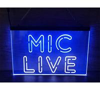 REWIS Mic Live LED Neon Sign, Custom USB Powered Dual Color 3D Engraved Neon Lights with Dimmer, for on Air Live Recording Studio Wall Hanging Dimmable Decorative,White Blue,30x20cm