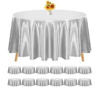 REWOMC 12 Pack 108 Inch Round Tablecloth, Silver Satin Fabric Table Cloth for Round Table, Wrinkle Resistant Washable Table Cover Bright Silk Table Clothes for Wedding Party Dining Table Banquet