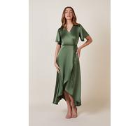 Rewritten London Florence Waterfall Dress in Olive Green Satin - 14