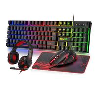 Rewurnth Gaming Keyboard and Mouse Set with Headset, UK Layout, RGB Backlit Wired Keyboard, Ergonomic 4-Color LED Gaming Mouse, Over-Ear Headphones, Large Mousepad, USB Plug & Play for PC Mac PS5 Xbox