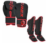 Rex Boxing Gloves, Pro Training Sparring Shin Guards for Kickboxing, Muay Thai, MMA and Training Pads and gloves set, Boxing shin pad Red (Gloves Size 14 oz, Shin Size XL)