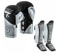 Rex Boxing set boxing gloves Lace up gloves with Shin Instep for Kickboxing MMA fighting pads, Muay Endurance shinpads Sparring gloves MMA Black Silver (Gloves Size 14 oz, Shin Size L)