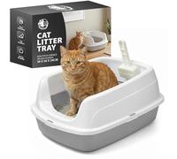 Rex & Roxy Cat Litter Tray | Litter Tray With Scoop | Cat Littering Box | Kitten Littering Trays With Open Top, Large Trays With Detachable Rim, Non Stick Surface, Splash Guards | 50x38x24cm (Grey)