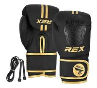 Rex Sports Boxing gloves with FREE Skipping Rope, Training gloves, Heavy duty Punching Gloves for bags and sparring training kids and adult size 2 OZ to 16 OZ (GOLD/BLACK, 14 OZ)
