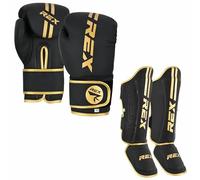 Rex Sports Boxing gloves with Shin Instep for Kickboxing Heavy duty punching gloves MMA fighting pads, Muay Endurance shinpads Sparring gloves MMA GOLD (GLOVES SIZE 14 OZ, SHIN SIZE L)