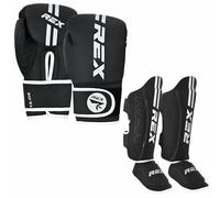 Rex Sports Boxing gloves with Shin Instep for Kickboxing Heavy duty punching gloves MMA fighting pads, Muay Endurance shinpads Sparring gloves MMA White (Gloves Size 16 oz, Shin Size L)
