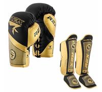 Rex Sports Boxing Lace up gloves with Shin Instep for Kickboxing Heavy duty punching gloves MMA fighting pads, Muay Endurance shinpads Sparring gloves MMA Black Gold (Gloves Size 12 OZ, Shin Size XL)