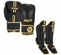 Rex Sports Boxing Set Boxing gloves with Shin Instep for Kickboxing Heavy duty punching gloves MMA fighting pads, shinpads Sparring gloves MMA GOLD (GLOVES SIZE 10 OZ, SHIN SIZE S)