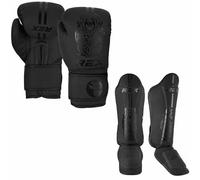 Rex Sports Boxing Set Boxing gloves with Shin Instep for Kickboxing Heavy duty punching gloves MMA fighting pads, shinpads Sparring gloves MMA Black (Gloves Size 14oz, Shin Size S)