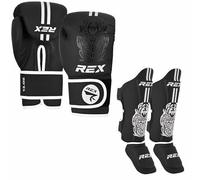 Rex Sports Boxing Set Boxing gloves with Shin Instep for Kickboxing Heavy duty punching gloves MMA fighting pads, shinpads Sparring gloves MMA Black/White (Gloves size 12oz, Shin Size L)