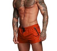 Rexcyril Men's Athletic Gym Workout Shorts 3 Inch Quick Dry Running Bodybuilding Short Shorts with Liner and Zipper Pockets, Orange, Medium