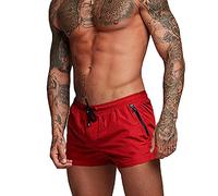 Rexcyril Men's Athletic Gym Workout Shorts 3 inch Quick Dry Running Bodybuilding Short Shorts with Liner and Zipper Pockets, Red, Medium